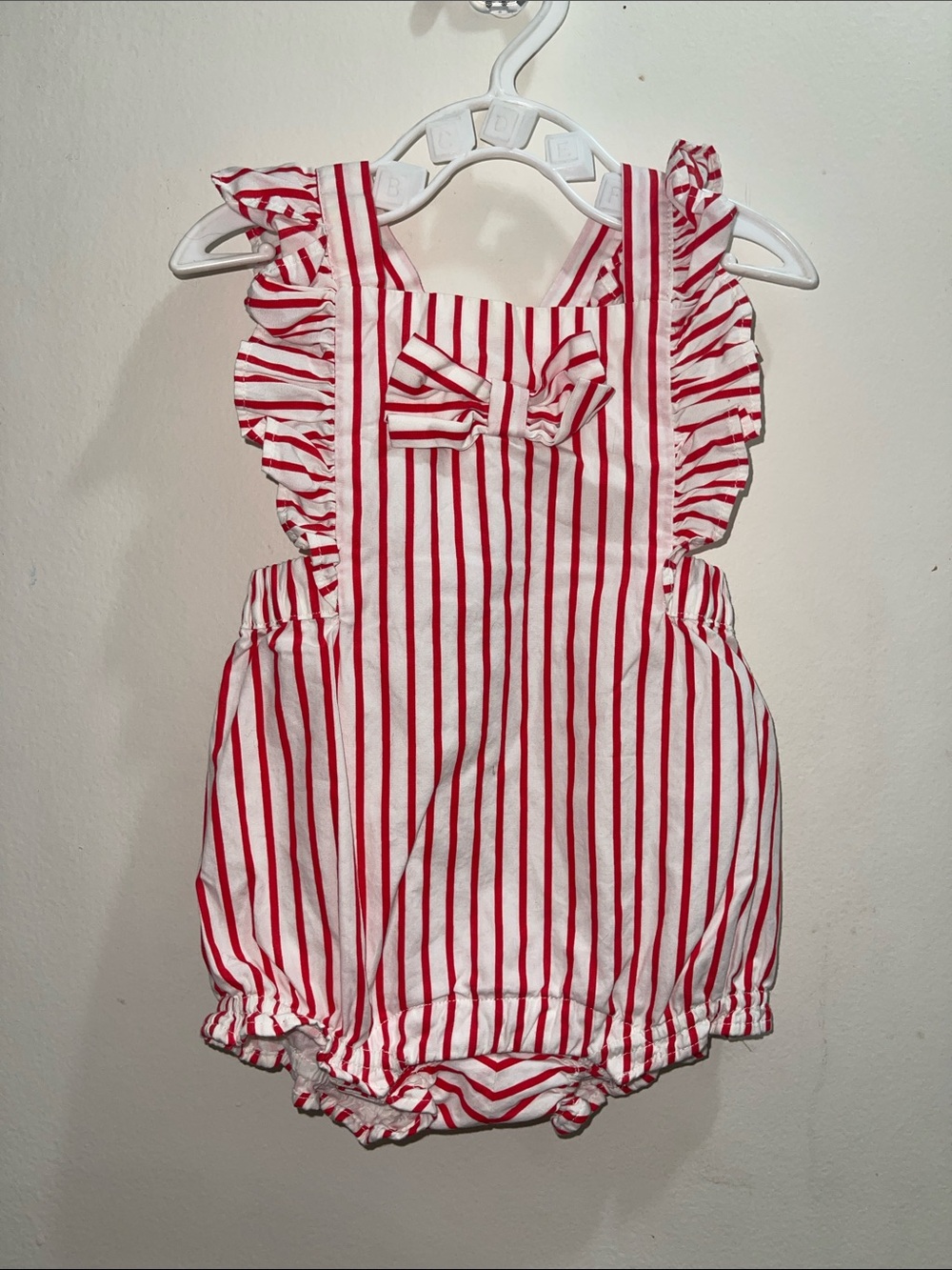 Janie and Jack Red and White Striped Ruffle Bow Romper Baby Girl Sz 3/6M